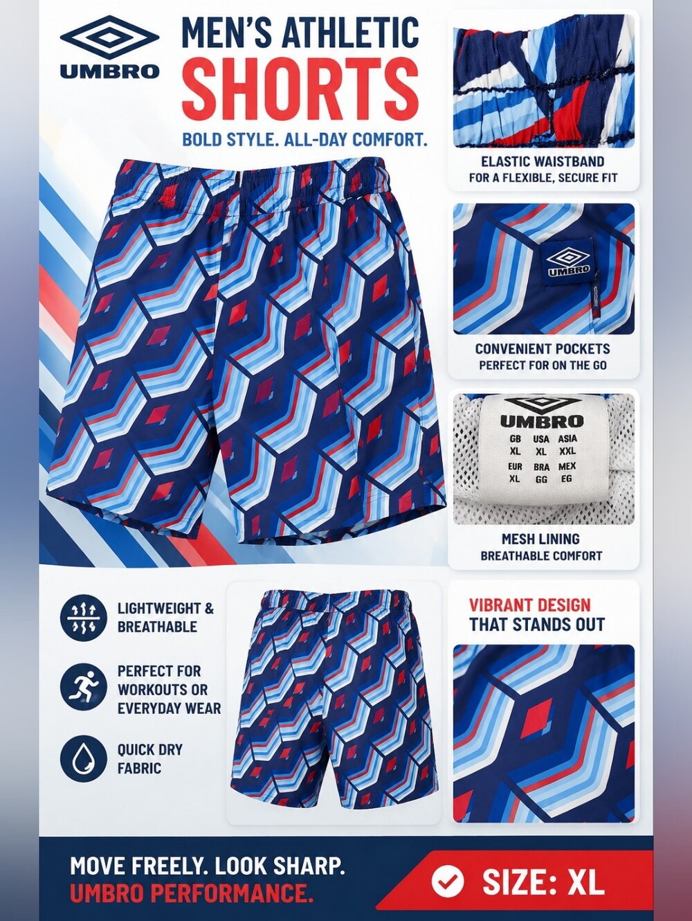 Umbro Men’s Athletic Shorts - Blue, Red, White